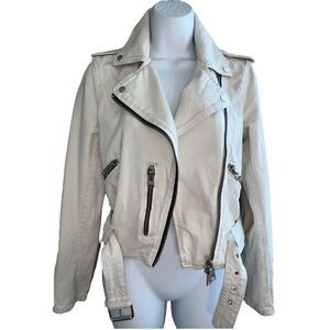 AllSaints Morgan White Denim Moto Biker Jacket Size 2